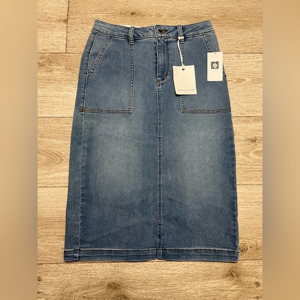 Anne Klein Midi Denim Skirt Moma Wash Size 2